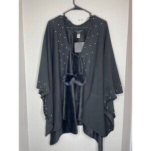 Marc New York Studded Poncho Wrap Black Faux Fur Pom One Size NWT